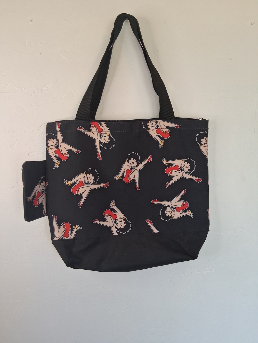 Betty Boop Black Tote Bag with Matching Zipper Pouch Large Shoulder Shopper Trav